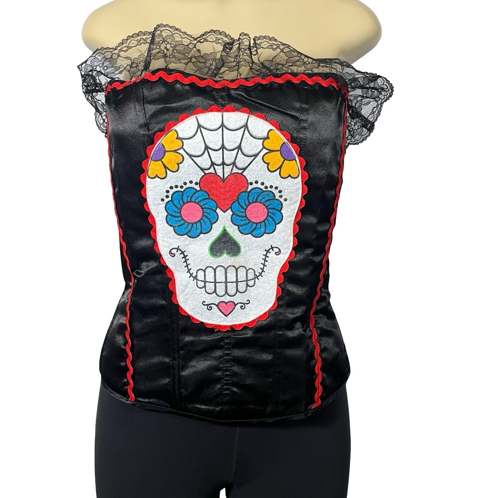 Day of the Dead Corset Top Black Lace Red Trim Size L Leg Avenue Sugar Skull
